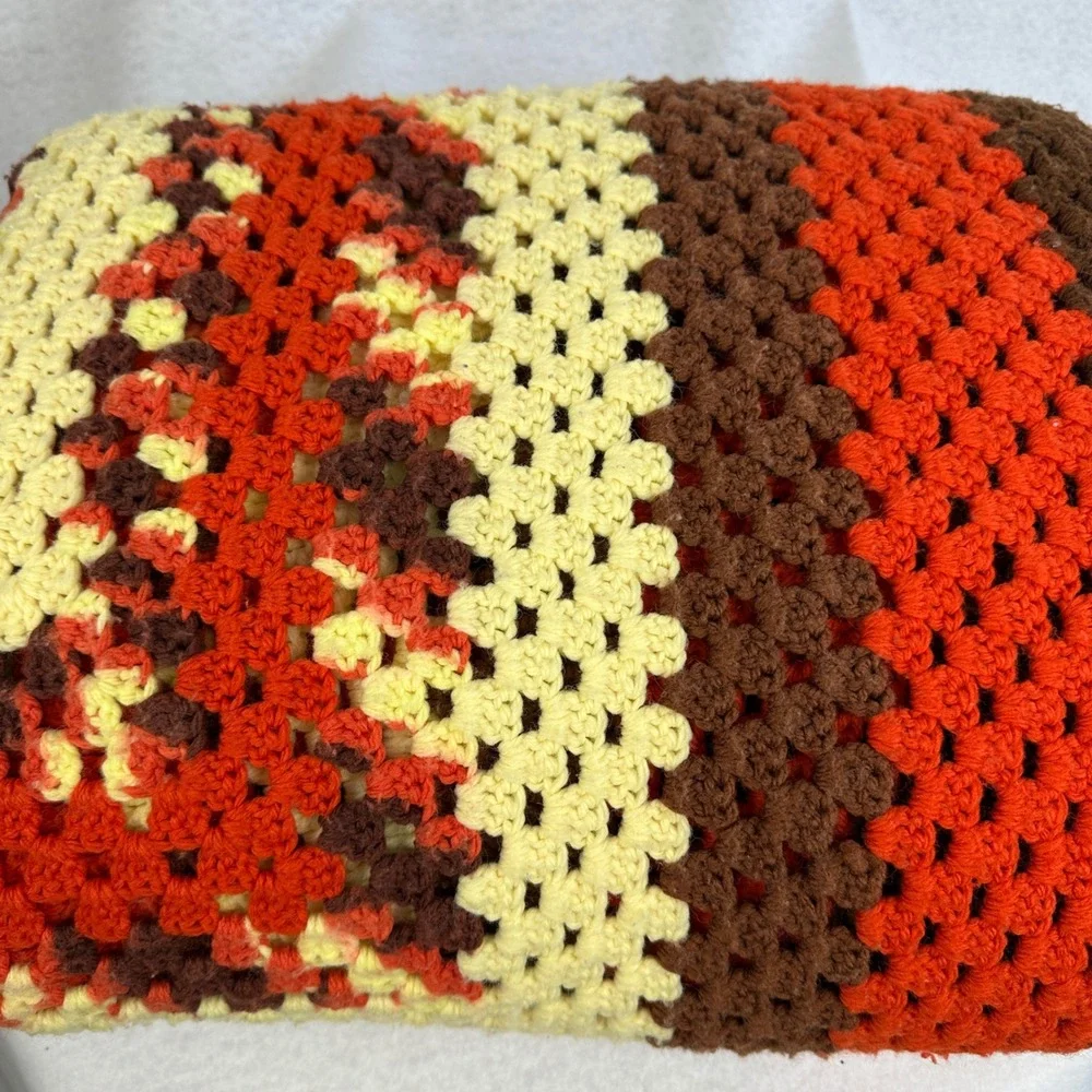 Vintage Granny Square Crochet Blanket Afghan Throw Retro Brown‎ Handmade 68x66